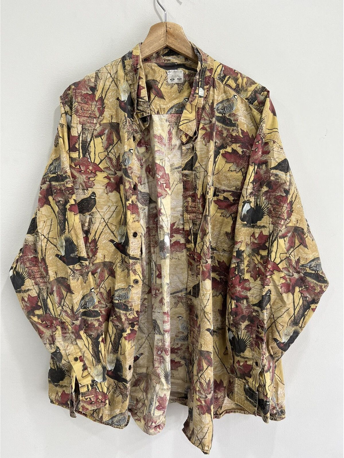 Vtg Columbia All Over Print Leaf Birds Button Up Shirt Xxl